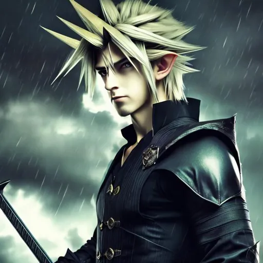 Prompt: masterpiece, smirk, handsome cloud strife with black eye glases and attractive, pointed long elf ears, god of halloween BAGROUND- RAINY MOTION BLUR