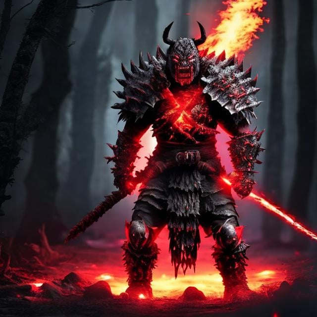 Prompt: Berserker, Rage, Black Armor, glowing red eyes, walking towards viewer, fire background, dark crimson forest