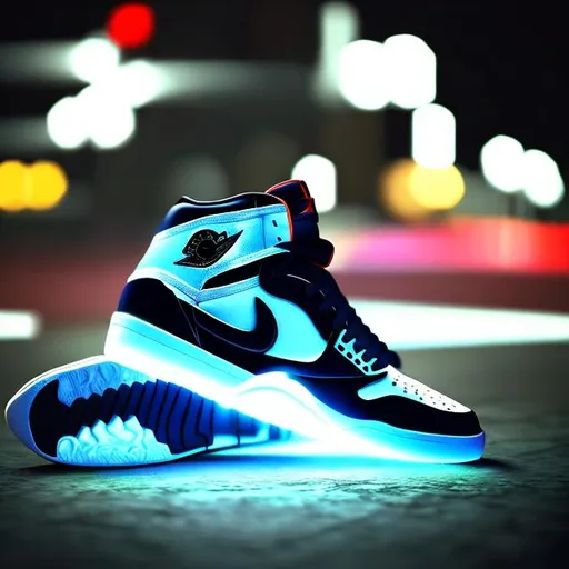 Prompt: photorealistic pair of jordans in foot
night motion blur
