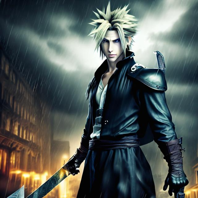 Prompt: masterpiece, smirk, handsome cloud strife with black eye glases and attractive, pointed long  hairs till his eyes god of halloween BAGROUND- RAINY MOTION BLUR