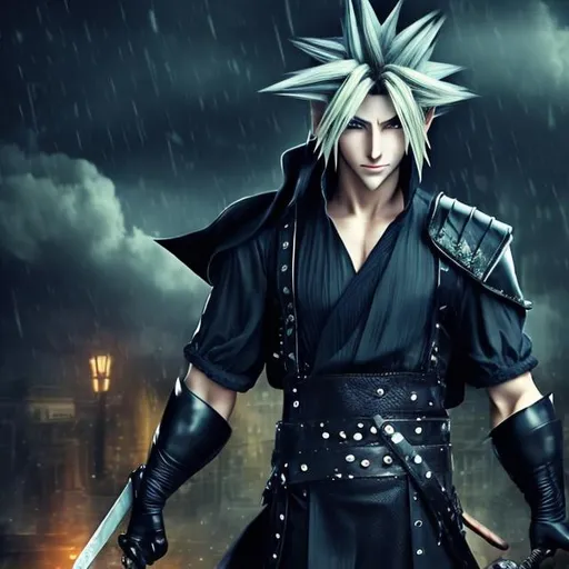 Prompt: masterpiece, smirk, handsome cloud strife with black eye glases and attractive, pointed long  hairs till his eyes god of halloween BAGROUND- RAINY MOTION BLUR
