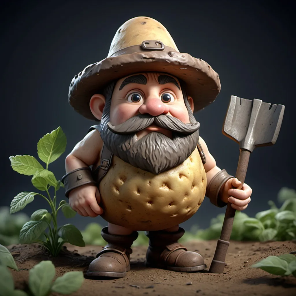 Prompt: Create a detailed 3D model of a small, rotund, dwarf-like character with a potato-textured body. The character should have a large, bushy mustache and be dressed in rustic, tattered clothing, including a floppy hat. The character should carry a small shovel and have leaves or plants growing from its body, suggesting a connection to nature. The scene should be set in a mystical forest with rich, earthy tones and soft, diffused lighting."