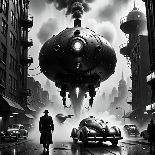 Prompt: (film noir scene), (black and white), cyberpunk future, sprawling futuristic city in the background, steam rising from vents, a man in 1940s fashion, standing next to a sleek personal flying vehicle, dramatic lighting, moody atmosphere, sharp contrasts, cinematic depth, HD.