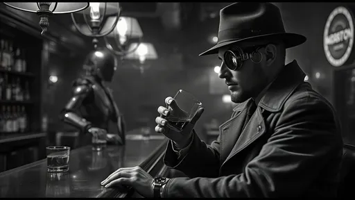 Prompt: photo realistic black and white, (wide shot) of a man in a trilby hat and trench coat, sitting at a bar, he has one cybernetic eye sipping whiskey, he served by a robot barman (cyberpunk 1940s aesthetic), moody atmospheric lighting, gritty textures, vintage feel, retro elements, (highly detailed), immersive scene, noir vibes, sophisticated yet mysterious ambiance.