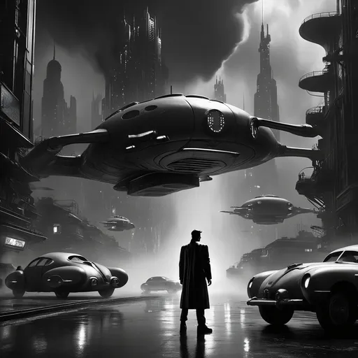 Prompt: (film noir scene), (black and white), cyberpunk future, sprawling futuristic city in the background, steam rising from vents, a man in 1940s fashion, standing next to a sleek personal flying vehicle, dramatic lighting, moody atmosphere, sharp contrasts, cinematic depth, HD.