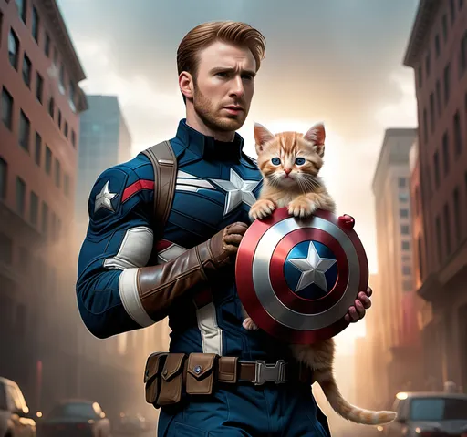 Prompt: (Chris evans as Captain America full body shot), he is holding a tiny baby ginger kitten in his hand, dramatic lighting to accentuate details, vibrant colors reflecting patriotism, dynamic pose, heroic stance, imposing background with a cityscape, engaging atmosphere exuding strength and tenderness, ultradetailed, 4K quality.