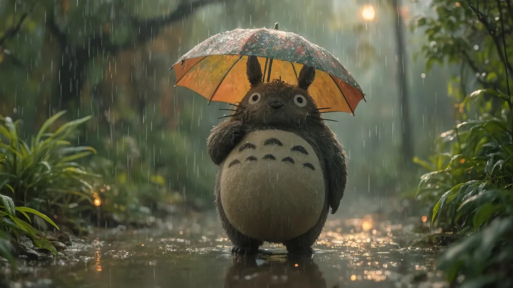 Prompt: photorealistic (Totoro), standing in the rain with a colorful umbrella, lush greenery in the background, droplets splashing around, warm overcast lighting, creating a cozy and whimsical atmosphere, highly detailed textures on the Totoro’s fur, radiant reflections in puddles, ultra-detailed, enchanting and serene ambiance, evokes nostalgia and warmth.