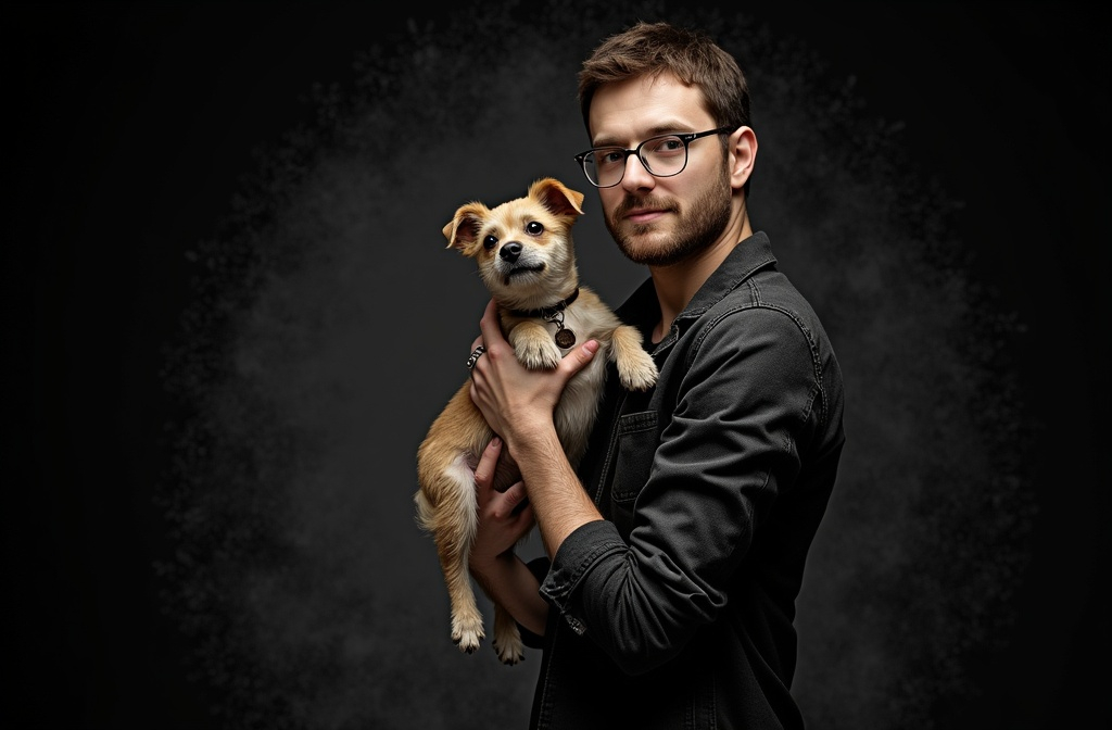 Prompt: a man holding a dog in his arms in a dark room with a black background and a black background, Erwin Bowien, international gothic, professional photo, a character portrait in a 3d cgi