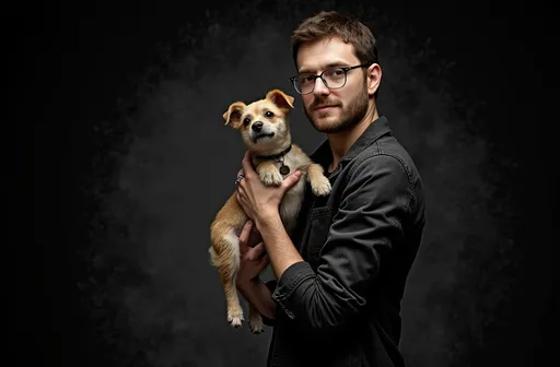 Prompt: a man holding a dog in his arms in a dark room with a black background and a black background, Erwin Bowien, international gothic, professional photo, a character portrait in a 3d cgi