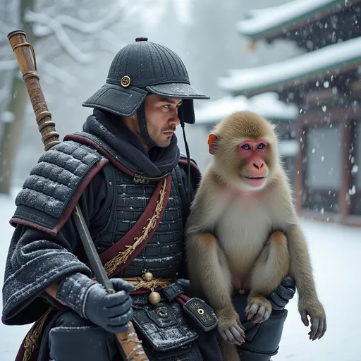 Prompt: Japanese samurai with Japanese snow monkey
