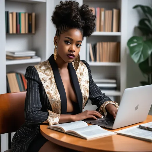 Prompt: A young, beautiful black woman wearing fancy clothes and sitted by a study table reading from a laptop