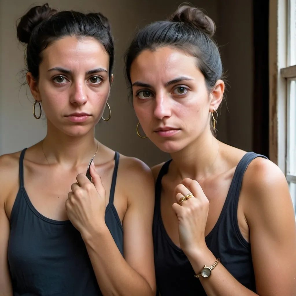 Prompt: Maria and Joana, both in their late twenties, have a clean yet rugged look, with smooth, sun-kissed skin from years of outdoor work. Maria, with her dark hair pulled back into a neat bun, wears round earrings that catch the light as she moves. Her veiny hands, adorned with a gold ring that gleams prominently on their ring finger, reflect her tough yet youthful appearance. Joana, with short, well-kept hair, holds a freshly sharpened knife in her calloused grip. Both women wear simple, clean clothes, exuding a straightforward, uneducated simplicity as they speak in blunt, unsophisticated European Portuguese. Despite their harsh lifestyle, their expressions are youthful and determined, their movements efficient and purposeful.