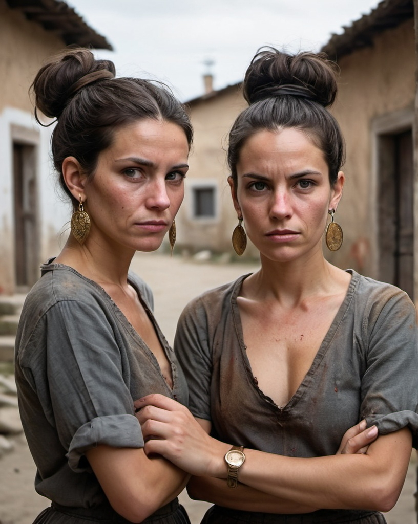 Prompt: Maria and Joana, both in their mid-thirties, are rugged, unrefined women with weathered skin from years of working under the sun. Maria, with her dark hair pulled back into a messy bun, wears round earrings that dangle as she moves, and her veiny hands, adorned with a gold ring, reflect her coarse lifestyle. Joana, equally rough around the edges, has short, choppy hair and a permanently furrowed brow, holding a freshly sharpened knife with a calloused grip. Both women exude an air of uneducated simplicity, their plain, worn clothes smeared with dirt and blood from their work, speaking in a blunt, unsophisticated manner indicative of their limited schooling and rural upbringing..