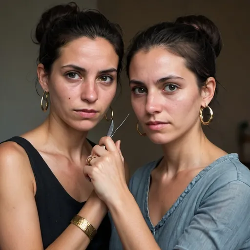 Prompt: Maria and Joana, both in their mid-thirties, are rugged, unrefined women with weathered skin from years of working under the sun. Maria, with her dark hair pulled back into a messy bun, wears round earrings that dangle as she moves, and her veiny hands, adorned with a visible gold ring on her finger, reflect her coarse lifestyle. Joana, equally rough around the edges, has short, choppy hair and a permanently furrowed brow, holding a freshly sharpened knife with a calloused grip. Both women exude an air of uneducated simplicity, their plain, worn clothes smeared with dirt and blood from their work, speaking in a blunt, unsophisticated manner indicative of their limited schooling and rural upbringing.upbringing, wedding ring, veiny hands