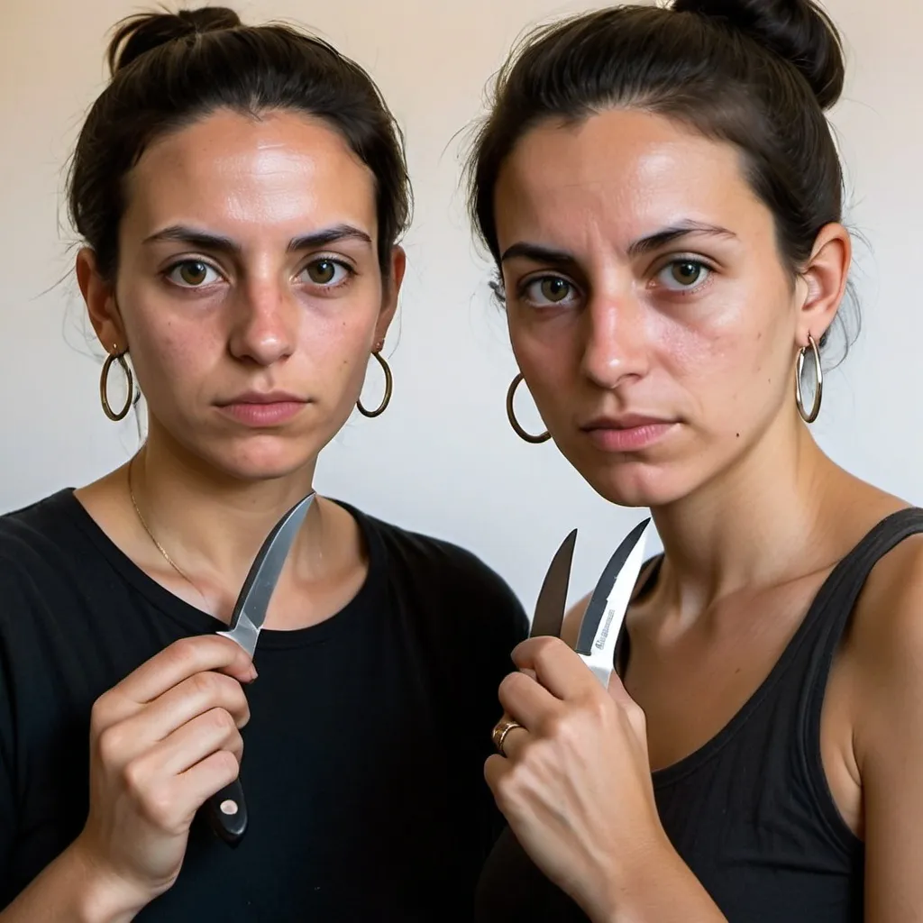 Prompt: Maria and Joana, both in their late twenties, have a clean yet rugged look, with smooth, sun-kissed skin from years of outdoor work. Maria, with her dark hair pulled back into a neat bun, wears round earrings that catch the light as she moves. Her veiny hands, adorned with a gold ring that gleams prominently on their ring finger, reflect her tough yet youthful appearance. Joana, with short, well-kept hair, holds a freshly sharpened knife in her calloused grip. Both women wear simple, clean clothes, exuding a straightforward, uneducated simplicity as they speak in blunt, unsophisticated European Portuguese. Despite their harsh lifestyle, their expressions are youthful and determined, their movements efficient and purposeful, big knife, kitchen knife,