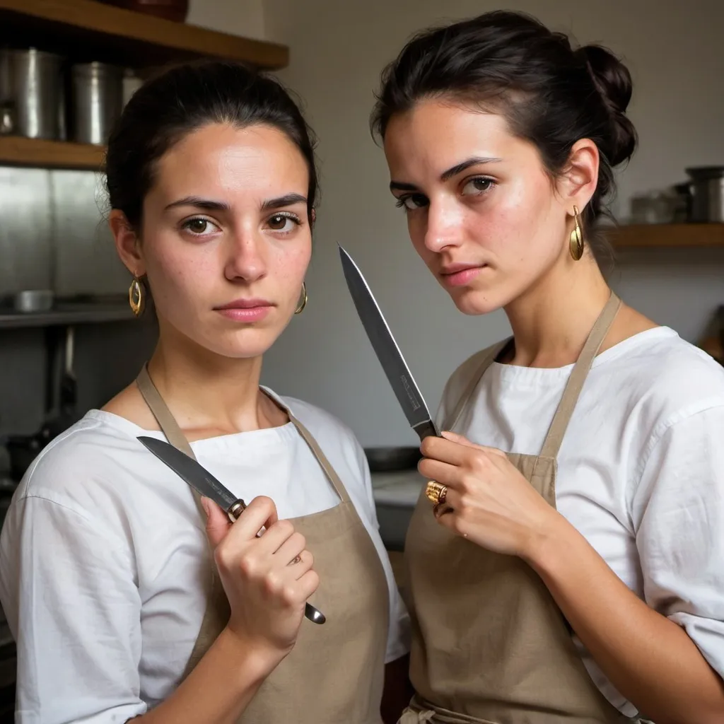 Prompt: Maria and Joana, both in their late twenties, have a clean yet rugged look, with smooth, sun-kissed skin from years of outdoor work. Maria, with her dark hair pulled back into a neat bun, wears round earrings that catch the light as she moves. Her veiny hands, adorned with a gold ring that gleams prominently on their ring finger, reflect her tough yet youthful appearance. Joana, with short, well-kept hair, holds a freshly sharpened knife in her calloused grip. Both women wear simple, clean clothes, exuding a straightforward, uneducated simplicity as they speak in blunt, unsophisticated European Portuguese. Despite their harsh lifestyle, their expressions are youthful and determined, their movements efficient and purposeful, big knife, kitchen knife, veiny hands, cutting meat,wet,focused, gold ring on ring finger