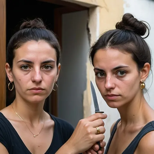 Prompt: Maria and Joana, both in their late twenties, have a clean yet rugged look, with smooth, sun-kissed skin from years of outdoor work. Maria, with her dark hair pulled back into a neat bun, wears round earrings that catch the light as she moves. Her veiny hands, adorned with a gold ring that gleams prominently on their ring finger, reflect her tough yet youthful appearance. Joana, with short, well-kept hair, holds a freshly sharpened knife in her calloused grip. Both women wear simple, clean clothes, exuding a straightforward, uneducated simplicity as they speak in blunt, unsophisticated European Portuguese. Despite their harsh lifestyle, their expressions are youthful and determined, their movements efficient and purposeful, big knife