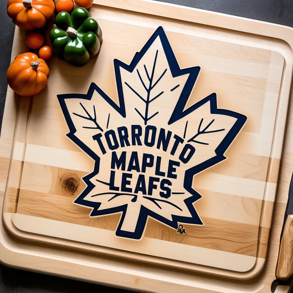 Prompt: A wood cutting board with a toronto maple leafs logo. Make the lgogo black and white