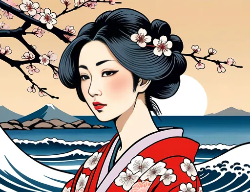 Prompt: Ukiyo-e style illustration of a Japanese woman on a tranquil beach, traditional woodblock print, vibrant colors, flowing kimono, serene expression, ocean waves in the background, delicate cherry blossom petals in the air, high quality, detailed, ukiyo-e, traditional, vibrant colors, serene expression, tranquil beach, flowing kimono, ocean waves, cherry blossom petals, woodblock print, detailed expression
