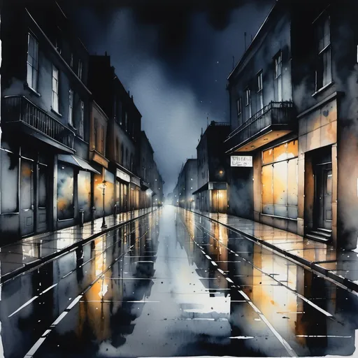 Prompt: watercolor painting of a dark night street, (realism style), desolate atmosphere, wet pavement reflecting minimal light, deep blacks, overcast sky, shadows playing across the street, calm silence, subtle hints of light glistening, high-quality, ultra-detailed, (damp environment), melancholic mood.