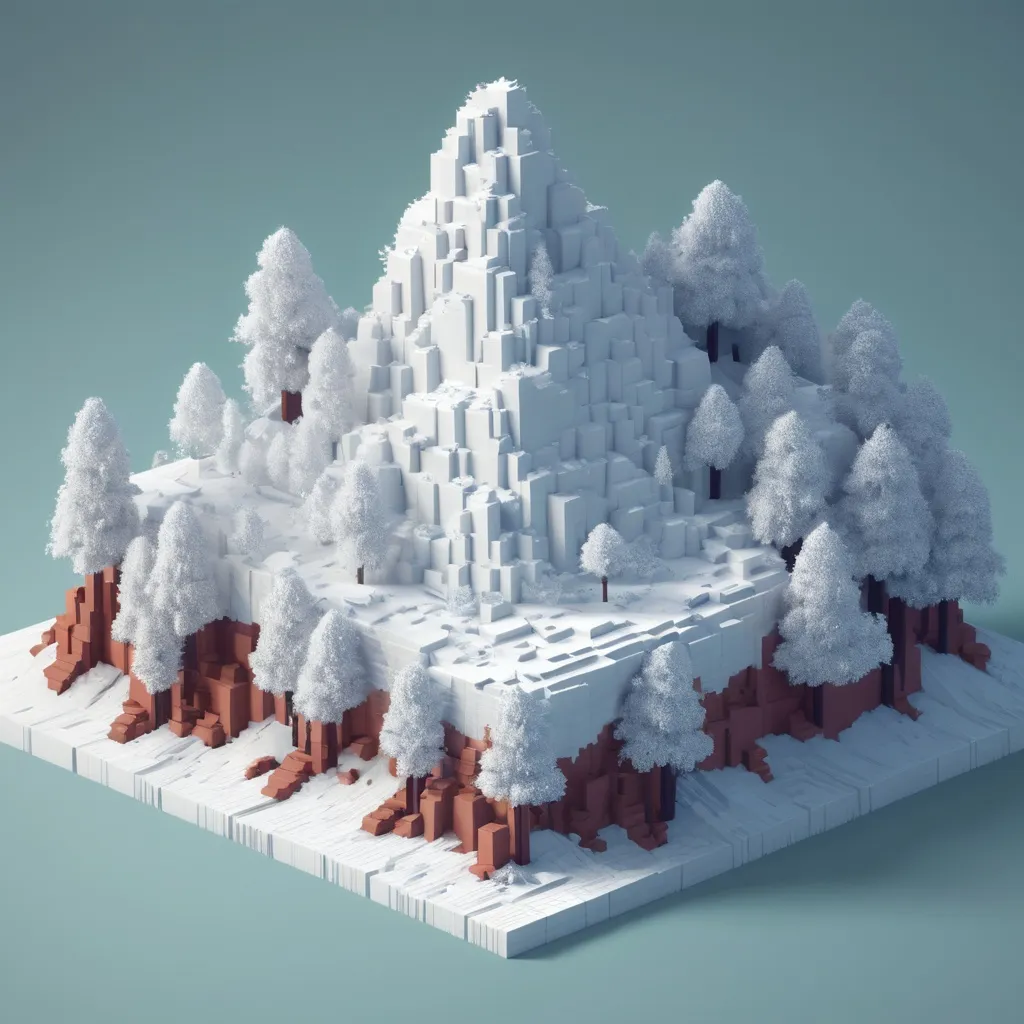 Prompt: voxel 3d render, blocks, mountain with snow ant trees