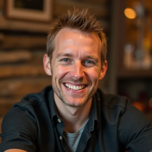 Prompt: A man with short, light brown hair and a broad smile captivates the viewer, dressed in a dark shirt over a lighter undershirt, which contrasts with the rustic wooden background behind him. The setting appears cozy, evoking a warm, inviting atmosphere, possibly hinting at a casual gathering or celebration. Soft lighting enhances the cheerful expression on his face, creating a friendly and approachable vibe. The natural wood elements in the backdrop and the overall relaxed demeanor suggest a comfortable and informal environment, likely filled with camaraderie and good times.