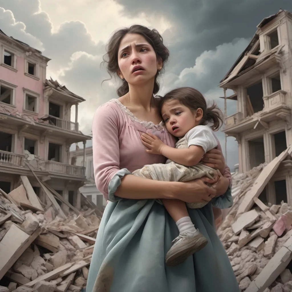 Prompt: (baroque style), (pastel color scheme), earthquake women survivors, seeking help, dramatic scene with children and elderly, emotional expressions, heavy rubble surrounding, warm light filtering through clouds, detailed textures in clothing and background, somber yet hopeful atmosphere, high quality, ultra-detailed, (artistic masterpiece), panoramic view capturing the struggle and resilience of survivors.