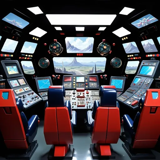 Prompt: A highly detailed, photorealistic interior view of the cockpit and control room of the giant robot mecha Goldorak (also known as Grendizer). Show the complex array of screens, controls, and instrumentation that the pilot would use to operate this advanced mecha. Include intricate mechanical details, futuristic technology, and a sense of scale to convey the impressive size and power of this iconic anime robot.