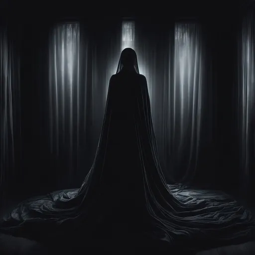 Prompt: Mysterious woman draped in fabric in endless darkness, high quality, enigmatic, surreal, surrealism, detailed fabric, ethereal lighting, haunting, atmospheric, cinematic, dark tones