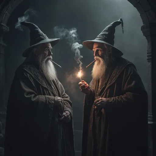 Prompt: Dark science fiction 2 wizards smoking