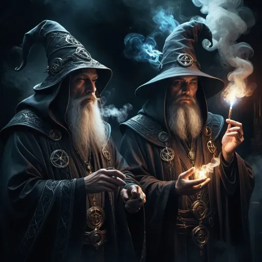 Prompt: Mysterious dark sci-fi fantasy illustration of two wizards, smoky atmosphere, intricate magical artifacts, high quality, digital painting, dark tones, dramatic lighting, sci-fi fantasy, mysterious, detailed robes, intense gaze, mystical symbols, futuristic, smoking, atmospheric lighting