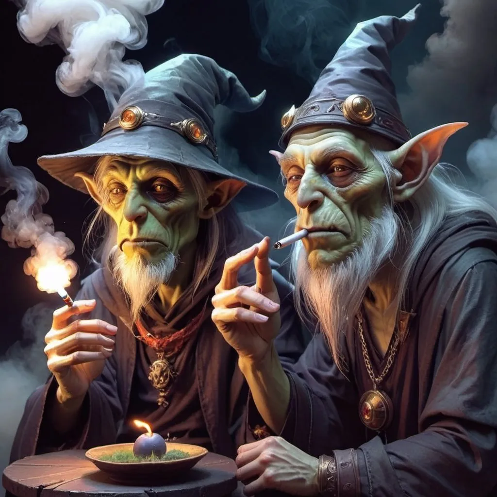 Prompt: 2 Goblins smoking sci fi dark fantasy 