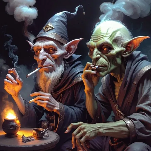 Prompt: 2 Goblins smoking sci fi dark fantasy 