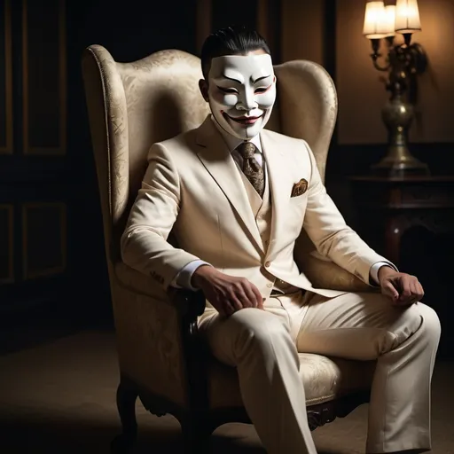 Prompt: Man in cream-colored suit wearing a Noh mask. He's sitting in a chair with his legs crossed.