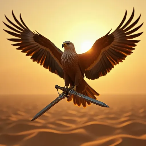 Prompt: Visualize a majestic garuda eagle soaring high above a sprawling Arabian desert, its powerful wings outstretched against a backdrop of endless golden dunes over riyadh. The sun hangs low in the sky, casting a warm, amber glow that bathes the landscape in rich shades of orange and gold. Strikingly, the eagle grips a pair of ornately designed Saudi Arabian swords, their hilts glinting in the sunlight, reflecting intricate calligraphy and patterns that symbolize strength and valor. The scene captures a moment of pure freedom and power, as the eagle's fierce eyes scan the horizon, its feathers ruffled by the wind. The atmosphere combines the grandeur of nature with a hint of ancient tradition, evoking a sense of nobility and adventure. This image would be beautifully rendered in cinematic lighting, photorealistic style to emphasize the textures of the eagle's plumage and the gleaming swords. In high definiton