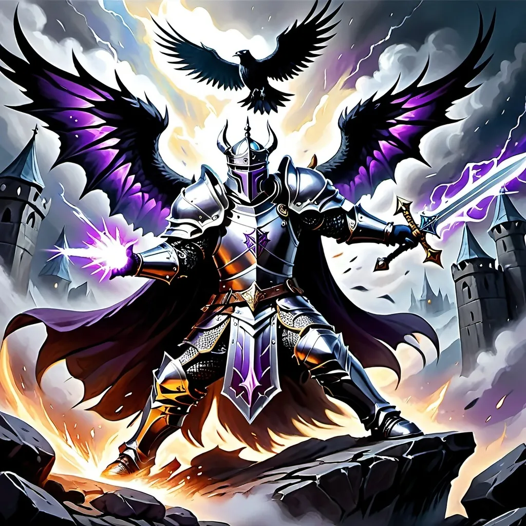 Prompt: A dramatic battle scene between the knight with black armor, a purple aura, purple magic, and armored sparrow wings, and the Lich King in a grey stone arena above the clouds. The knight wields two butcher swords and is engaged in fierce combat with the Lich King, who is shrouded in dark, tattered robes with glowing, malevolent eyes. The arena is ancient and worn, with large stone blocks and an open sky above, revealing the clouds below. The scene is intense and action-packed, with sparks flying and energy crackling, blending realism with fantasy and darkness.