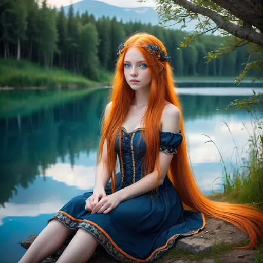 Prompt: Fantasy which girl with long orange hair and dark blue eyes sitting by the enchanted lake