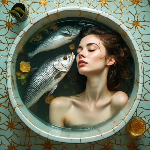 Prompt: A woman portrait in Midjourney <mymodel> style, ... in a bathtub, kissing a fish