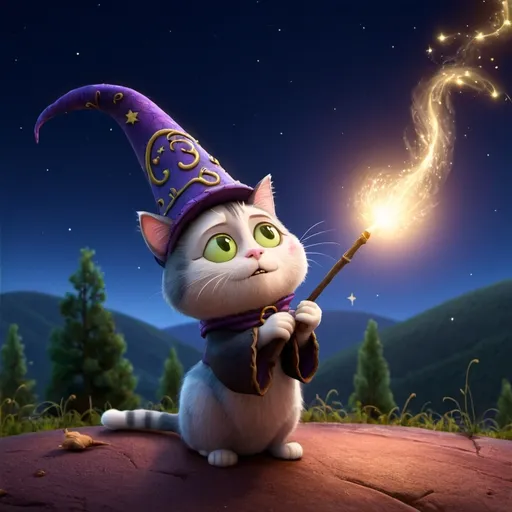 Prompt: Draw a whimsical scene with a cat wearing a wizard hat casting a spell under a starry sky