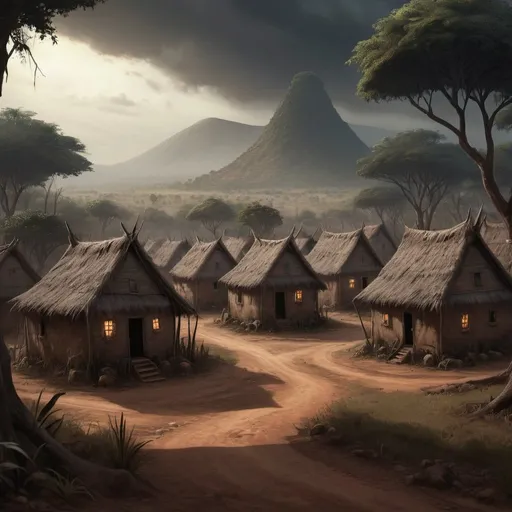 Prompt: hyper-realistic african village in the dark, fantasy house art, illustration, dnd, warm tone, In the heart of Africa, nestled amidst dense forests and sprawling plains, there lay a village shrouded in mystery and fear. This village was home to a demoniac being, whispered about in hushed tones by neighboring settlements. Tales of its malevolence echoed through the land, spreading terror among those who dared to wander too close.