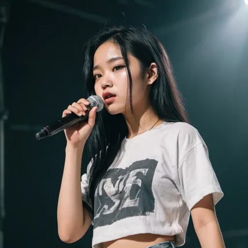 Prompt: 16 year old north vietnamese girl with chest-length slightly wavy black hair and in y2k grunge clothing doing a rap concert, make the image focus on her body as a whole and not only her face