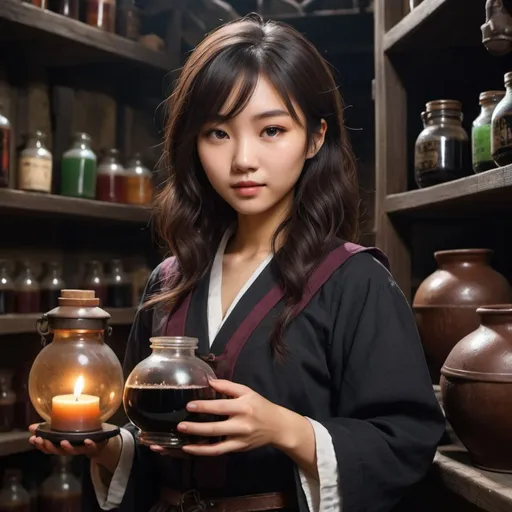 Prompt: 24 year old girl asian girl with slightly wavy hair and wearing dark academia brewing potions mysterious, magic potions in a dungeon like a western style potions master