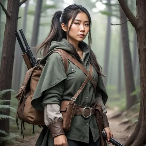 Prompt: asian girl with silver highlights in her long thick hair in a ponytail, is a fantasy western-style ranger wearing a cloak and forest-colored clothes, carries weapons and a messenger bag