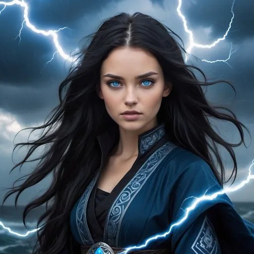 Prompt: 25 year old woman with thick long slightly wavy raven-black hair, blue eyes. Fantasy, magical, mystical standing in the midst of a storm, she is controlling air and lightning, magical airbender, powerful. Wearing fantasy dark blue and silver russian clothes