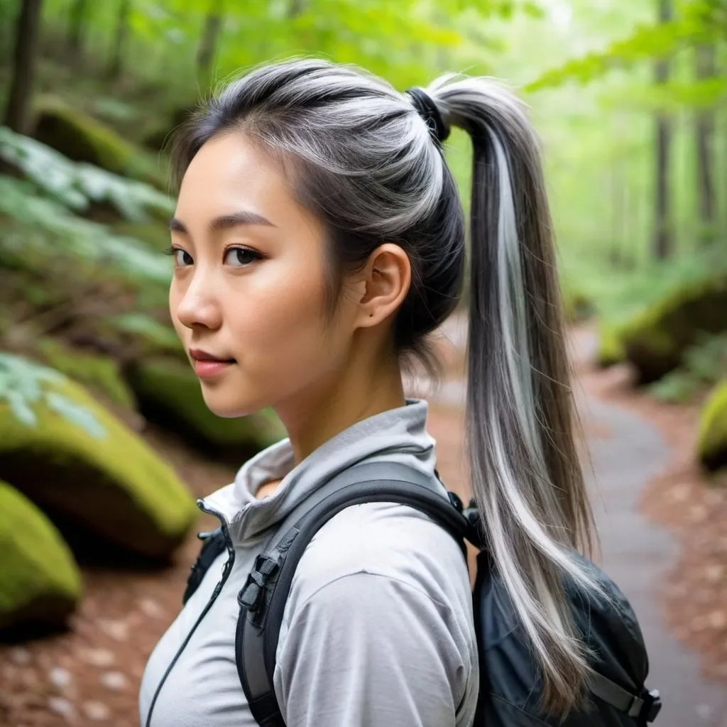 Prompt: asian girl with silver highlights in her long hair in a ponytail hiking