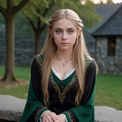 Prompt: elf-like 23 year old female with long thick dirty blonde hair, grey-green eyes, has a small sad smile, wearing a formal black elvish tunic and sitting on a stone bench at dusk