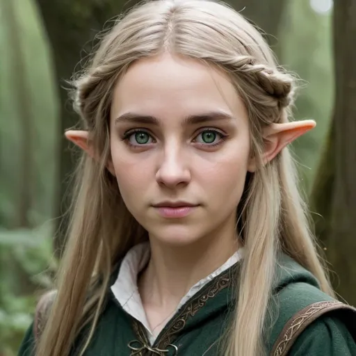 Prompt: elf-like woman 19 years old with long thick dirty blonde hair, the left eye grey and the right eye dark green eye, wearing elvish travelling clothes and a small sad smile