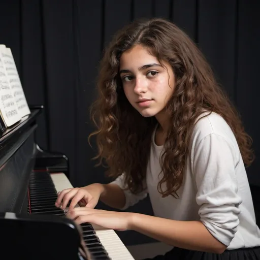 Prompt: 18 year old arab girl with fluffy wavy brown hair and light freckles with a fully neutral expression playing the piano with stiff body language in a dark academia setting