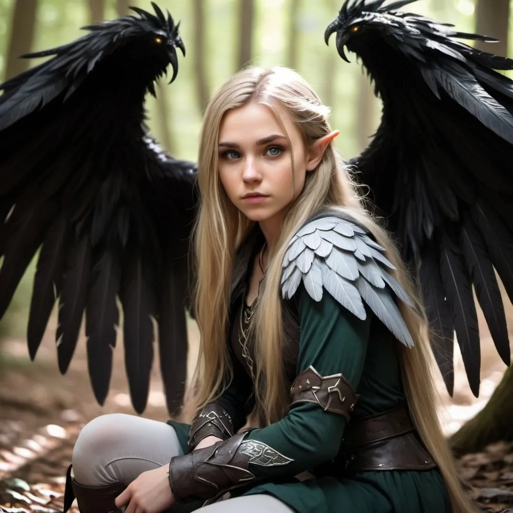 Prompt: elf-like 19 year old female ranger with long thick dirty blonde hair, grey eyes, crouched in the woods with huge feathery dark wings while dark magic is emaniting from her in a creepy way