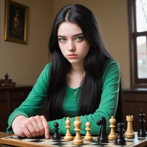 Prompt: 20 year old girl with long black hair, green eyes, walks with a cane and plays chess, is arrogant and manipulative